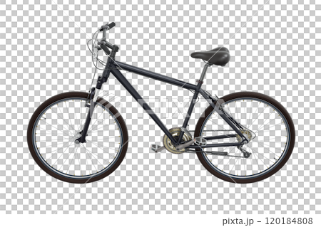 Black bicycle, side view. Black leather saddle and handles. Png clipart isolated on transparent background 120184808