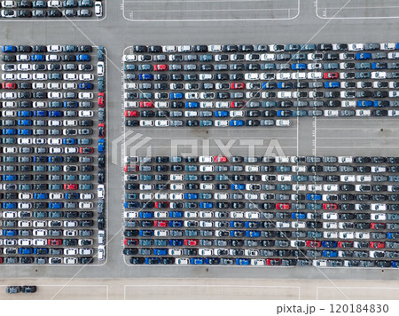 New Cars on Parking Lot in Port. Aerial High Angle Drone Shot 120184830