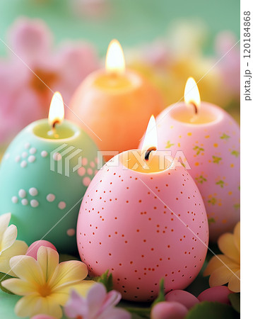 Colorful egg-shaped candles with floral decorations burning amidst spring flowers 120184868