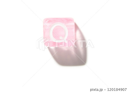 Pink transparent letter q block isolated on white background with shadow 120184907