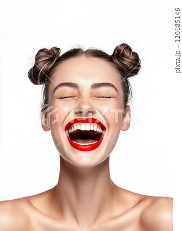 Laughing Woman with Bright Red Lipstick and Hair Buns Laughing Woman with Bright Red Lipstick and Hair Buns 120185146