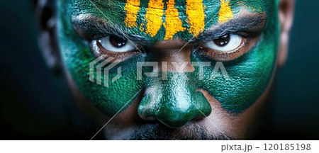 Close-Up of Person with Green and Yellow Face Paint 120185198