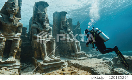 Ancient temple underwater in sea, diver swims past old Egyptian statues in water. Theme of Egypt, adventure, antique, archeology, discovery 120185294
