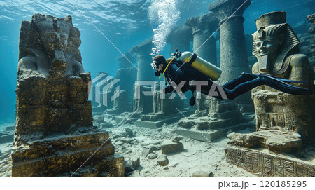 Ancient temple underwater, diver swims past Egyptian statues in sea, old ruined buildings in water. Theme of Egypt, antique, archeology, discovery Ancient temple underwater, diver swims past Egyptian statues in sea, old ruined buildings in water. Theme of Egypt, antique, archeology, discovery 120185295