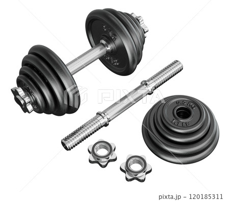 Black Adjustable Dumbbel and one taken apart with rod handle, weight plates and locks Black Adjustable Dumbbel and one taken apart with rod handle, weight plates and locks 120185311