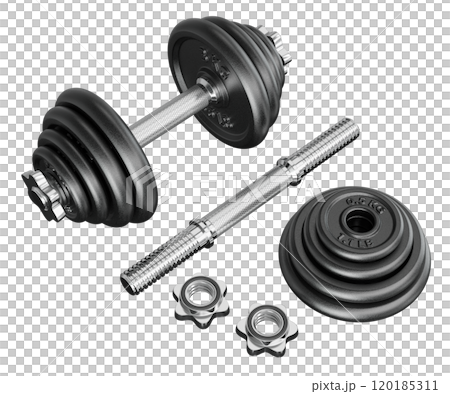 Black Adjustable Dumbbel and one taken apart with rod handle, weight plates and locks Black Adjustable Dumbbel and one taken apart with rod handle, weight plates and locks 120185311