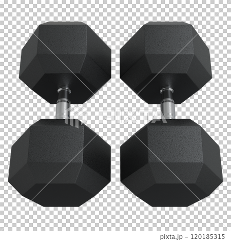 Blank Two Hex Dumbbells, weightlifting gym equipment, top view, Blank Two Hex Dumbbells, weightlifting gym equipment, top view, 120185315