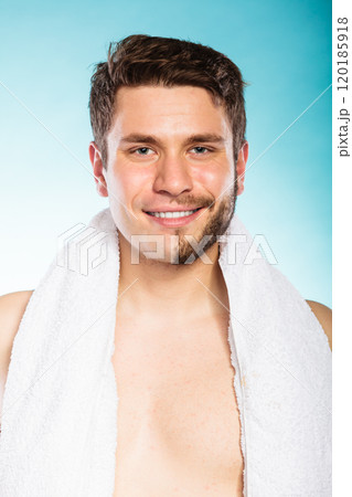 Happy man with half shaved face beard hair. Happy man with half shaved face beard hair. 120185918