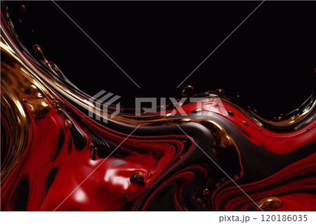 Beautiful oriental background. Fluid art, alcohol ink mixture of colors creating transparent waves and swirls. Perfect for posters, cards, other printed materials. Red and gold design. 120186035