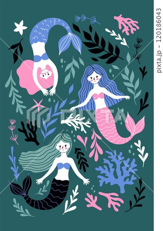 Postcard or poster with cute mermaids, corals and seaweed. Vector graphics. 120186043