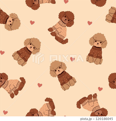 Seamless pattern of cute brown poodles in sweaters. Vector graphics Seamless pattern of cute brown poodles in sweaters. Vector graphics 120186045
