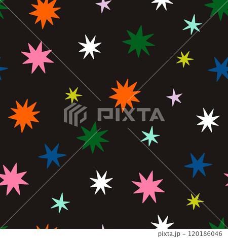 Simple seamless pattern with colored stars on a black background. Vector graphics. 120186046