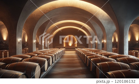 Oak wine barrels aging in a traditional cellar, creating a captivating perspective 120186132