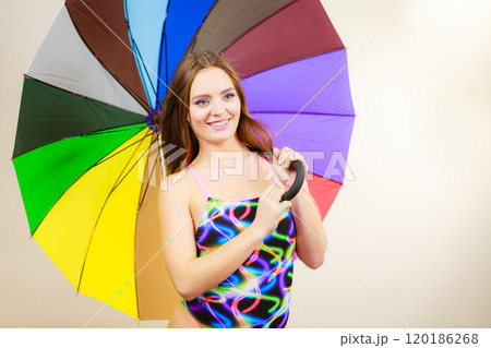 Happy woman posing in swimsuit and colorful umbrella 120186268