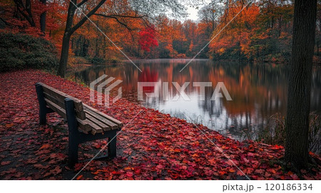 Empty bench inviting visitors to enjoy the beautiful autumn colors reflected in the lake 120186334