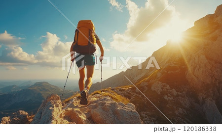 Hiker walking on mountain ridge at sunset using trekking poles 120186338