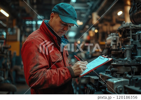 Factory worker taking notes on clipboard during inspection of machinery 120186356