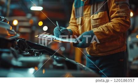 Auto mechanic inspecting car engine and taking notes on clipboard in garage 120186357
