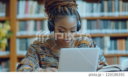 Young black student wearing headphones studying on laptop in library Young black student wearing headphones studying on laptop in library 120186391