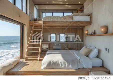 Modern tiny house interior design with ocean view: loft bedroom and kitchenette showing sustainable living 120186392