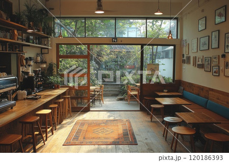 Cozy coffee shop interior with garden view and wooden furniture 120186393