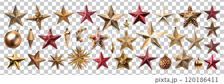 Set of isolated stars on a transparent background for ornamental Christmas and New Year party decoration elements. AI generated. 120186411