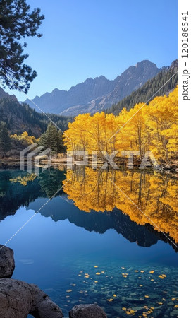 Golden aspen trees reflecting in a crystal clear alpine lake during autumn 120186541