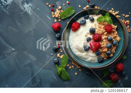 breakfast plate with greek yogurt, fresh berries, granola and mint leaves 120186617
