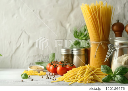 Kitchen utensils and pasta on the kitchen table with tomatoes and herbs 120186676