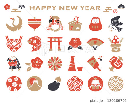 正月のレトロな和風アイコンセット 120186793