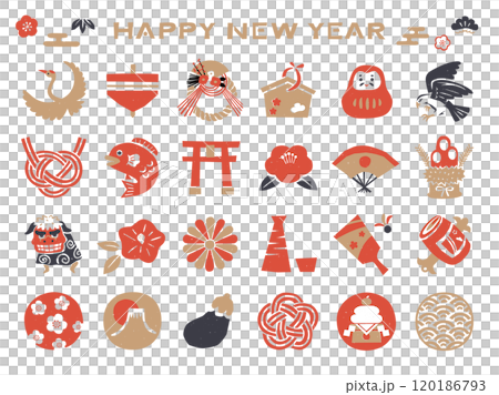 正月のレトロな和風アイコンセット 120186793