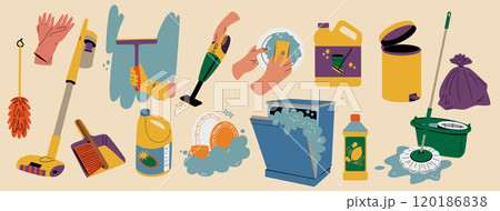 A set of elements for home cleaning. Cleaning and housekeeping tools. A set of elements for home cleaning. Cleaning and housekeeping tools. 120186838