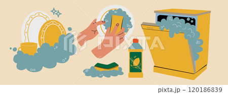Washing dishes. Detergent, sponge, dishwasher. Hands wash the plate. A set of dishes in soap foam. Washing dishes. Detergent, sponge, dishwasher. Hands wash the plate. A set of dishes in soap foam. 120186839