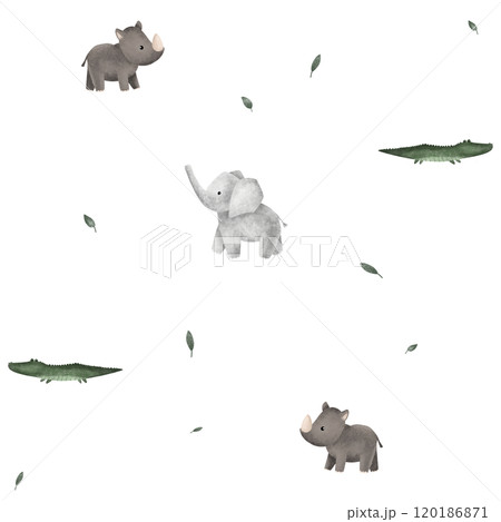 Seamless pattern with leaves and african animals rhinoceros and elephant for children's design. Hand drawn illustration crocodile Cute Print for childish textile design or wallpaper 120186871