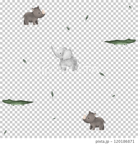 Seamless pattern with leaves and african animals rhinoceros and elephant for children's design. Hand drawn illustration crocodile Cute Print for childish textile design or wallpaper 120186871