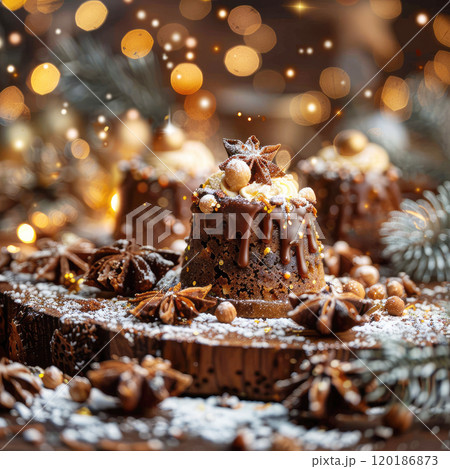 Festive cake with christmas decoration Festive cake with christmas decoration 120186873