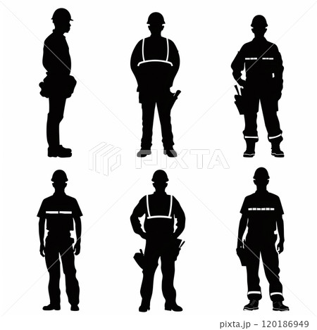 人物アイコン集 シルエット 工事現場 仕事 作業員 仕事 整備 掘削作業員 技術職 施工業者 誘導員 120186949