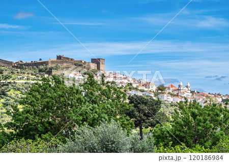 Panorama of Castelo de Vide rooftops seen from an outside viewpoint. Castelo de Vide in Alto Alentejo, Portugal. 120186984