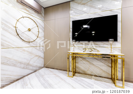 Living room in rich modern home with italian marble floor 120187039