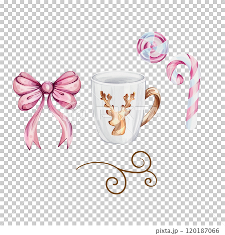 Watercolor Christmas clip art with bow, c white mug with gold reindeer, sweet candy cane. Xmas collection for design. Hand painted illustrations, isolated on white background Watercolor Christmas clip art with bow, c white mug with gold reindeer, sweet candy cane. Xmas collection for design. Hand painted illustrations, isolated on white background 120187066