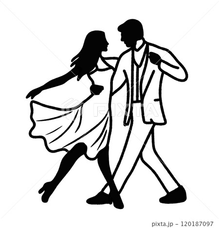 A man and a woman dancing silhouette, Hand drawn New Years Eve Celebration party graphic illustration isolated on white background color editable  120187097
