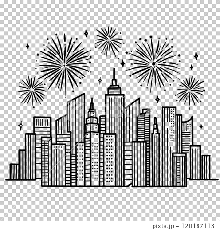 City Skylines with fireworks Hand drawn New Years Eve Celebration party graphic illustration isolated on white background color editable  120187113