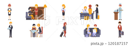Hotel Staff and Guests Man and Woman Character Vector Set 120187157