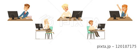 Boy and Girl at School Lesson Gain Subject Knowledge Vector Set Boy and Girl at School Lesson Gain Subject Knowledge Vector Set 120187175