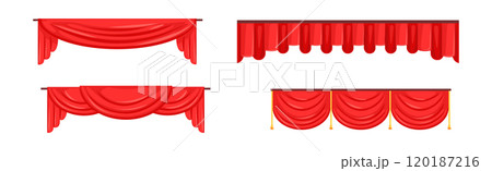 Luxury Scarlet Red Silk Curtains and Draperies Interior or Stage Decoration Vector Set 120187216
