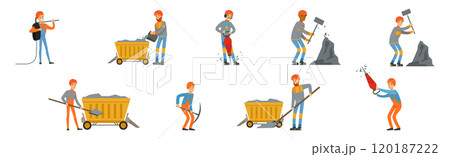 Man Miner Character in Uniform and Hard Hat Work Underground Vector Set 120187222