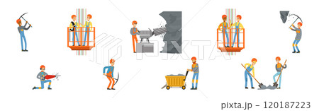 Man Miner Character in Uniform and Hard Hat Work Underground Vector Set 120187223