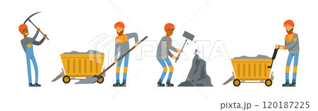 Man Miner Character in Uniform and Hard Hat Work Underground Vector Set 120187225