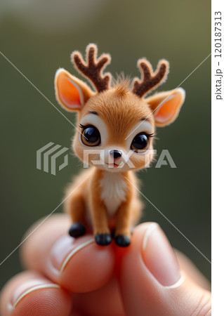 Cute handmade reindeer figurine held by a person against a blurred natural background on a sunny day Cute handmade reindeer figurine held by a person against a blurred natural background on a sunny day 120187313