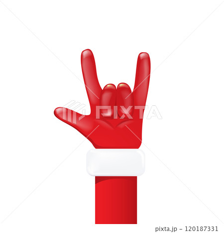Santa Claus hand rock n roll gesture icon vector illustration isolated on white background. red Christmas Rock concert and party poster, banner, card design template. Cool Santa icon isolated Santa Claus hand rock n roll gesture icon vector illustration isolated on white background. red Christmas Rock concert and party poster, banner, card design template. Cool Santa icon isolated 120187331